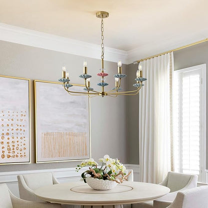 Brass Gold Chandeliers for Dining Room Light Fixture Over Table,8-Light Art Deco Chandelier, Modern Vintage Chandelier with Ceramic,Farmhouse Chandelier for Girls Bedroom Living Room, Foyer