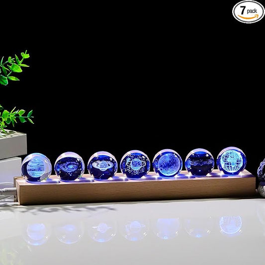 Qianwei 3D Solar System Crystal Ball - 7pcs Space Science Astronomy Gifts Decor Glass Figurines Statue Stuff Planet Lamp for Room Decorations Keepsake Paperweight