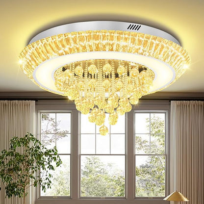 Modern LED Crystal Chandelier, Large Round Raindrop Chandelier for Living Dining Room 32in Chorme Flush Mount Ceiling Light Kitchen Island Bar