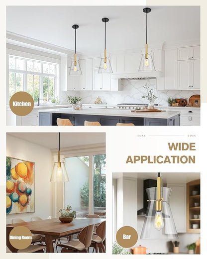 Emak Black and Gold Pendant Light Fixtures, 9 Inch Clear Glass Pendant Lights Kitchen Island, Modern Farmhouse Large Hanging Lights for for Kitchen, Dining Room, Bathroom, PL130-BKBGD-CG