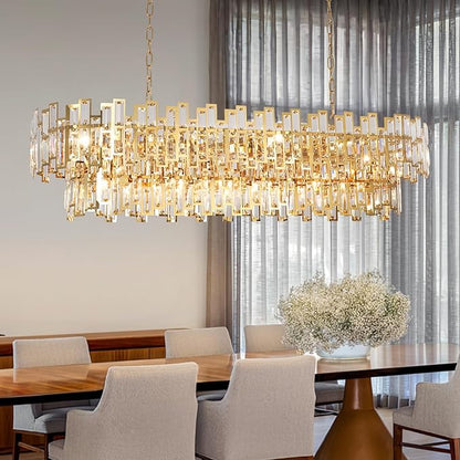 Rectangle Gold Chandeliers for Dining Room 2-Tier 16 Lights Modern Crystal Chandelier Luxury Rectangular Oval Preinstalled Top K9 Crystal Contemporary Pendant Lighting Fixture 51"