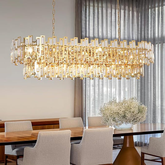 Rectangle Gold Chandeliers for Dining Room 2-Tier 16 Lights Modern Crystal Chandelier Luxury Rectangular Oval Preinstalled Top K9 Crystal Contemporary Pendant Lighting Fixture 51"