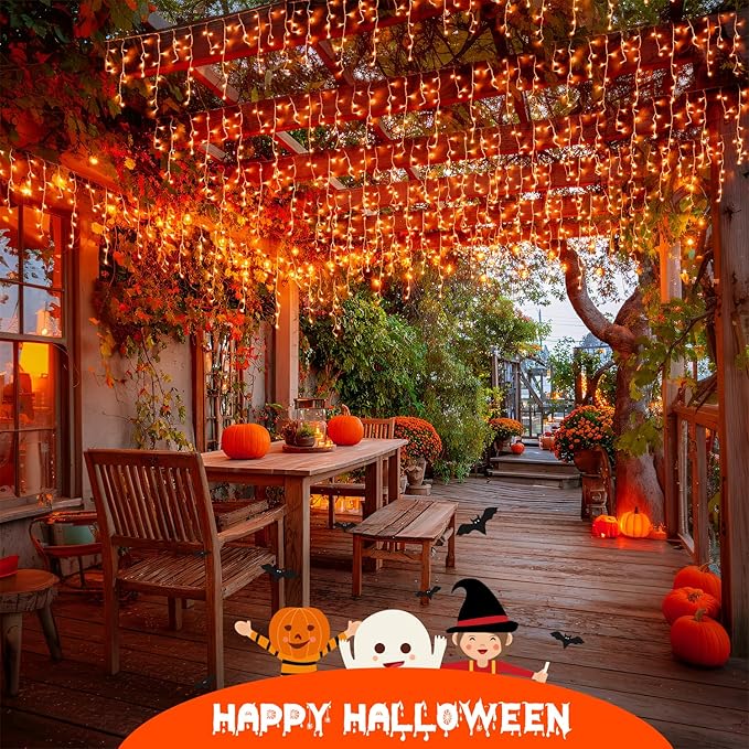 JMEXSUSS Orange Christmas Lights Outdoor, 800 LED Orange Icicle Lights Outdoor Waterproof, 8 Modes String Light Plug in for Fireplace Tree Garden Patio Thanksgiving Fall Halloween Decor