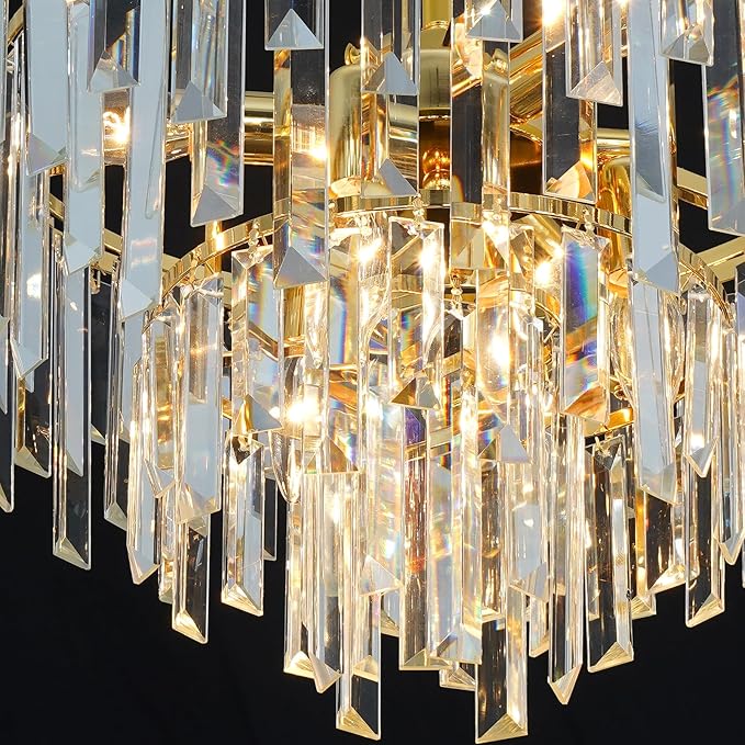 Modern Gold Crystal Chandelier, 18" Round Chandeliers for Dining Room 4-Tier 6 Lights Luxury Top K9 Crystal Ceiling Pendant Light Fixture for Foyer Bedroom Closet