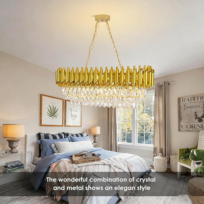 Oval Contemporary Ceiling Hanging Light, L32in Luxury Gold Chandelier Modern Rectangular Chandelier Linear Ceiling Pendant Light for Bedroom Kitchen 8Lights