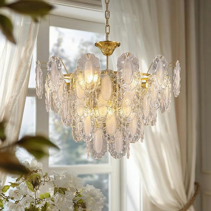 5-Tier Foyer Chandelier, 12-Light Vintage Glass Chandelier for Dining Room with Glass Leaf & Brass Finish, Dimmable Vintage Pendant Lighting for Kitchen Island Living Room Entryway, 28.74"xH23.62"