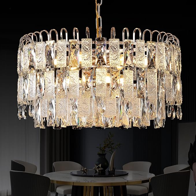 20" Modern Gold K9 Crystal Chandelier 9-Light 4 Tiers Crystal Lighting Fixture Luxury for Living Room Dining Room Bedroom Kitchen Foyer Entryway, E12