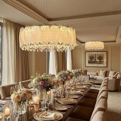 Drum Chandelier for Dining Room,24-ihch Modern Gold Drum Glass Chandeliers,Luxury Crystal Glass Pendant Ceiling Lighti for Foyer Living Room Bedroom