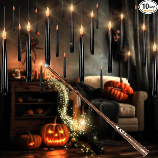LUSHARBOR Floating Candles with Wand, Magic Halloween Decorations 10pcs Black Flameless Candles with Remote LED Battery Operated Candle for Halloween Decor Gift 6.1in