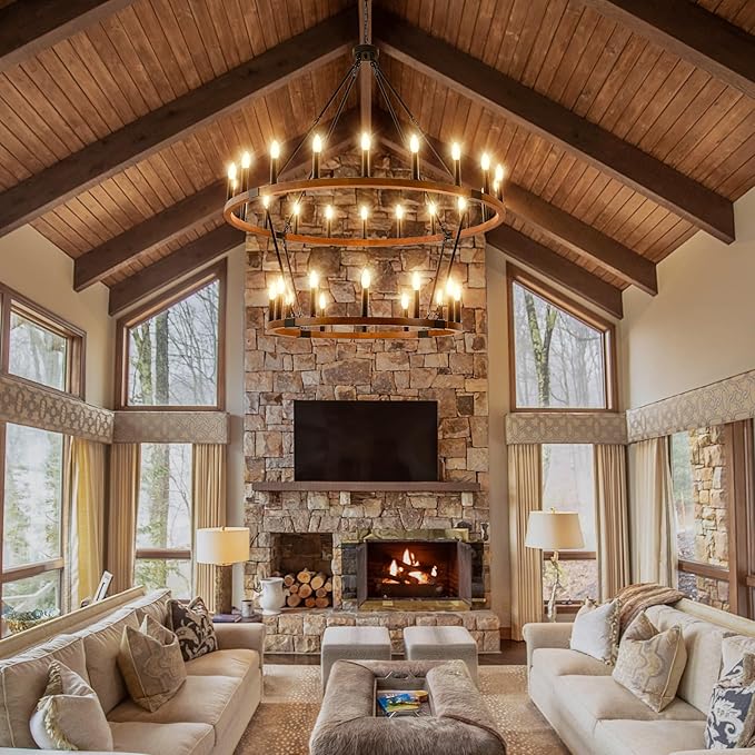 HHR 2 Tier 48'' Solid Wood Wagon Wheel Chandelier, 32-Light High Ceiling Island Lights Fixtures, Rustic Large Chandelier for Farmhouse Dining Room Bedroom Entryway Living Room Café E12