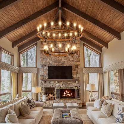 HHR 2 Tier 48'' Solid Wood Wagon Wheel Chandelier, 32-Light High Ceiling Island Lights Fixtures, Rustic Large Chandelier for Farmhouse Dining Room Bedroom Entryway Living Room Café E12