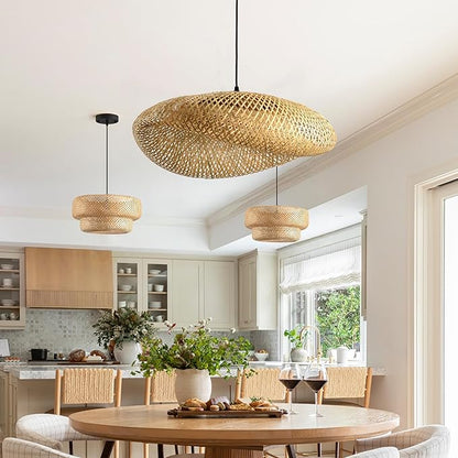 23.64in Bamboo Chandelier Boho Rattan Pendant Lighting Large Wicker Light Fixtures Bohemian Hand-Woven Hanging Ceiling Lights for Kitchen Island Dining Living Room Restaurants Bedroom Cafe