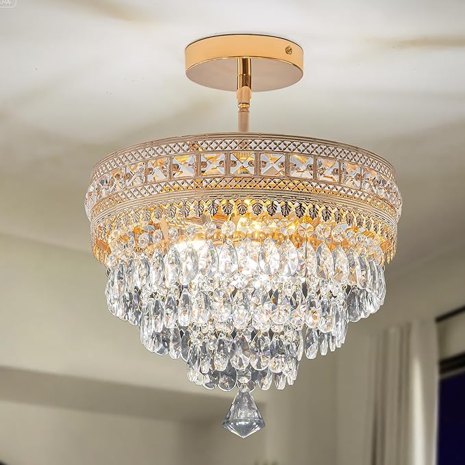 Modern Crystal Chandelier, Farmhouse Ceiling Light, Flush Mount Light Fixture,11.8W x 9H inches, 4-Layer K9 Crystal, Indoor Ceiling Light Pendant for Bedroom, Hallway, Closet (Gilded Antique)
