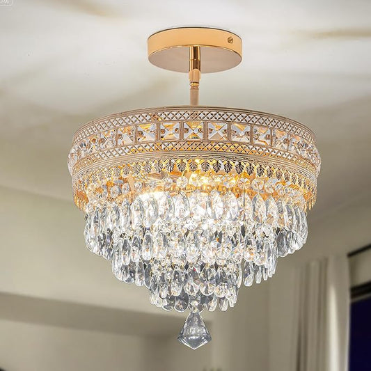 Modern Crystal Chandelier, Farmhouse Ceiling Light, Flush Mount Light Fixture,11.8W x 9H inches, 4-Layer K9 Crystal, Indoor Ceiling Light Pendant for Bedroom, Hallway, Closet (Gilded Antique)