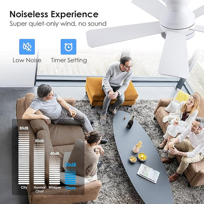 41 inch Ceiling Fans with Lights, White Flush Mount Ceiling Fan with Remote, 3CCT, LED Dimmable, Reversible, 6 Fan Speeds, Quite Low Profile Ceiling Fan with Lights Modern Bedroom Kitchen Indoor
