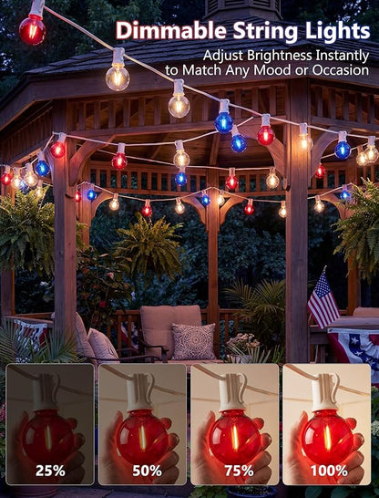 4th of July String Lights, 25FT G40 Red White and Blue Lights with 27 Shatterproof G40 LED Bulbs(2 Spare), Plug In Outdoor String Lights for Independence Day Patriotic Party Patio Backyard Decor