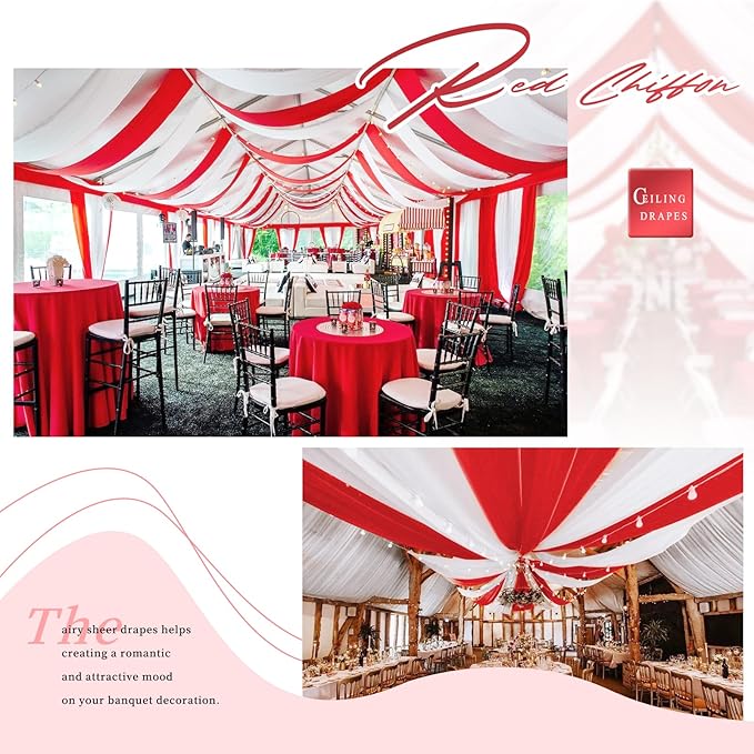 4 Panels Red Ceiling Drapes for Wedding Ceiling Drapes 5ftx40ft Wedding Arch Draping Fabric Sheer Curtains Voile Chiffon Drapery Draping Decorations for Party Ceremony Stage