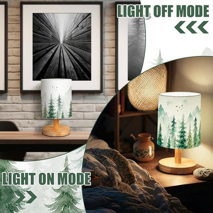 VIHOSE Pine Tree Bedside Table Lamp Forest Table Lamp Vintage Nightstand with Linen Fabric Shade Solid Wood Base Decoration for Kids Living Room Bedroom Desk Dorm