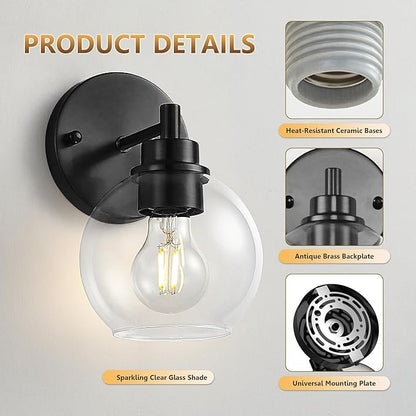 Black Bathroom Vanity Lights, 1-Light Wall Sconce with Glass Globe Shade, Vanity Lighting for Bathroom/Bedroom/Dressing Room, Vertical/Horizontal Mounted, E26 Bulb Base (Bulb Not Included)