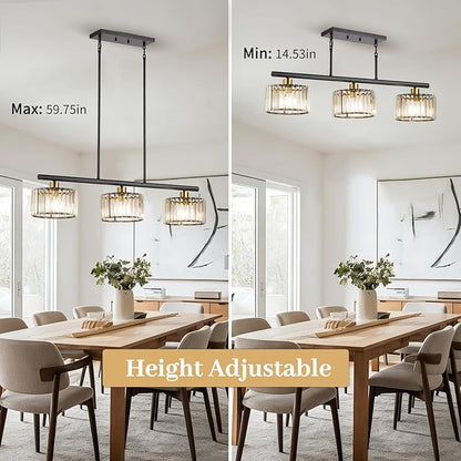 TALOYA Pendant Lights Kitchen Island Black and Gold, 3-Light Crystal Pendant Light Modern, Height Adjustable Chandelier Hanging Island Light Fixtures for Kitchen Dinning Room(Bulb Not Included)