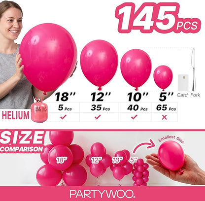 PartyWoo Hot Pink Balloons 145 pcs Different Sizes of 18 12 10 5 Inch Magenta Fuchsia Balloon Arch Kit Garland for Baby Shower Wedding Bridal Shower Anniversary Birthday Party Decorations Pink-Y12