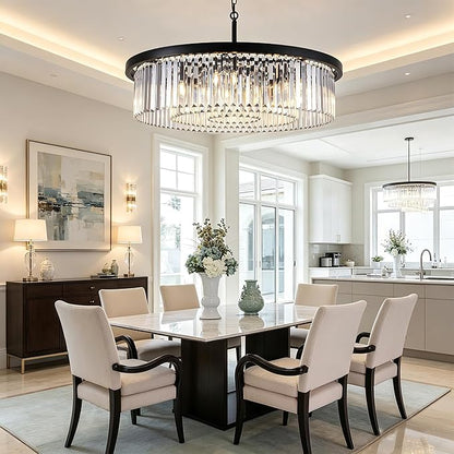 Wellmet Modern Black Crystal Chandelier, 33.5" Large 3-Tier Round Pendant Light with Adjustable Chain, 9-Light Luxury Crystal Ceiling Fixture for High Ceiling Foyer, Grand Living Room, Dining, Bedroom