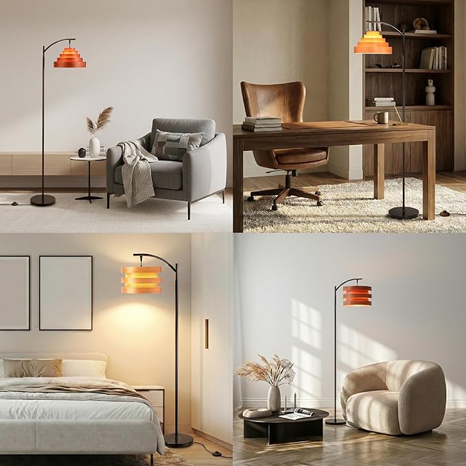 O’Bright Strata Wooden Floor Lamp - Mid Century Modern Standing Lamp with Layered Wood Shade, Tall Reading Lamp for Living Room, Bedroom, Office, Antique Brass, Dark Oak, Cascade Shade