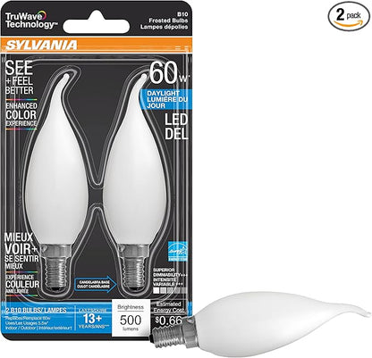 Sylvania LED TruWave Natural Series Décor B10 Light Bulb, 60W Equivalent Efficient 5.5W, 500 Lumens, Candelabra Base, Dimmable, Frosted, 5000K, Daylight - 2 Pack (40782)