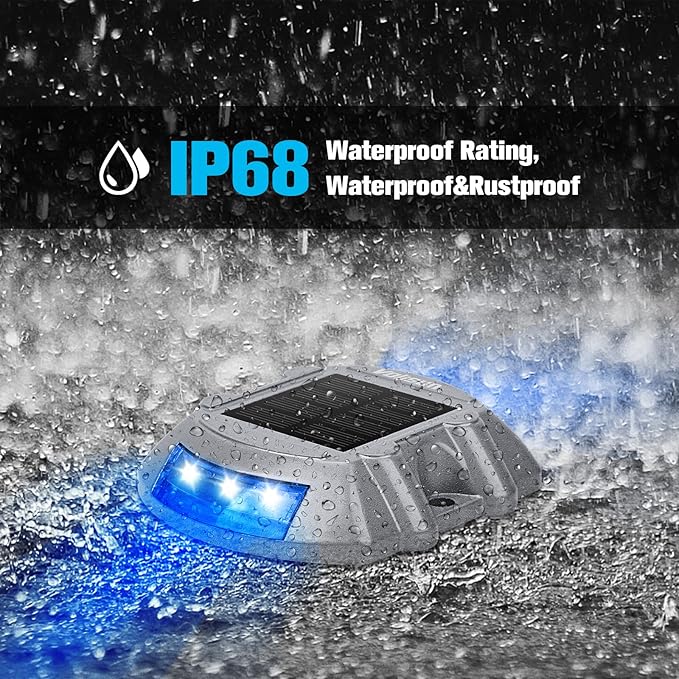 VOLISUN Solar Deck Lights Driveway Dock Lights, 4-Pack Led IP68 Waterproof Outdoor Warning Step Light for Driveway Sidewalk Garden Pathway Yard(Blue)
