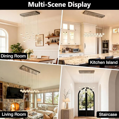 14 Lights Nickel Raindrop Rectangle Chandelier, Modern Bubble Crystal Chandelier for Dining Room, Large Pendant Light for High Ceilings Staircase Foyer Entryway Living Room Kitchen Island