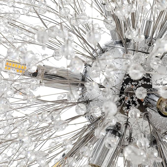 Sputnik Crystal Chandeliers, 12 Lights Dandelion Chandelier Chrome, Modern Firework Pendant Light Fixture for Kitchen Island Dining Room Bedroom