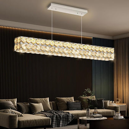 40'' Modern Crystal Chandelier for Dining Room Ceiling Light Fixture for Living Room Hallway Lighting LED Dimmable with Remote Silver