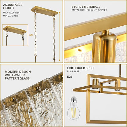 35.4" Gold Crystal Modern Chandelier for Dining Room, Chandeliers with Water Ripple Glass, Adjustable Chain Length,Luxury Rectangular Pendant Light Fixture for Kitchen Island Living Room