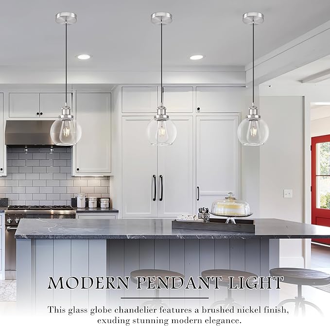 Bagood Brand 6 inch Mid Century Modern Globe Pendant Light, Brushed Nickel Finish, Clear Glass, Kitchen Island Lighting, Includes Bulb, Adjustable Cord, Monopoint with Canopy