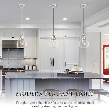 Bagood Brand 6 inch Mid Century Modern Globe Pendant Light, Brushed Nickel Finish, Clear Glass, Kitchen Island Lighting, Includes Bulb, Adjustable Cord, Monopoint with Canopy