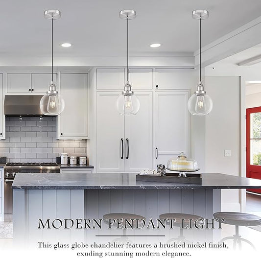 Bagood Brand 6 inch Mid Century Modern Globe Pendant Light, Brushed Nickel Finish, Clear Glass, Kitchen Island Lighting, Includes Bulb, Adjustable Cord, Monopoint with Canopy