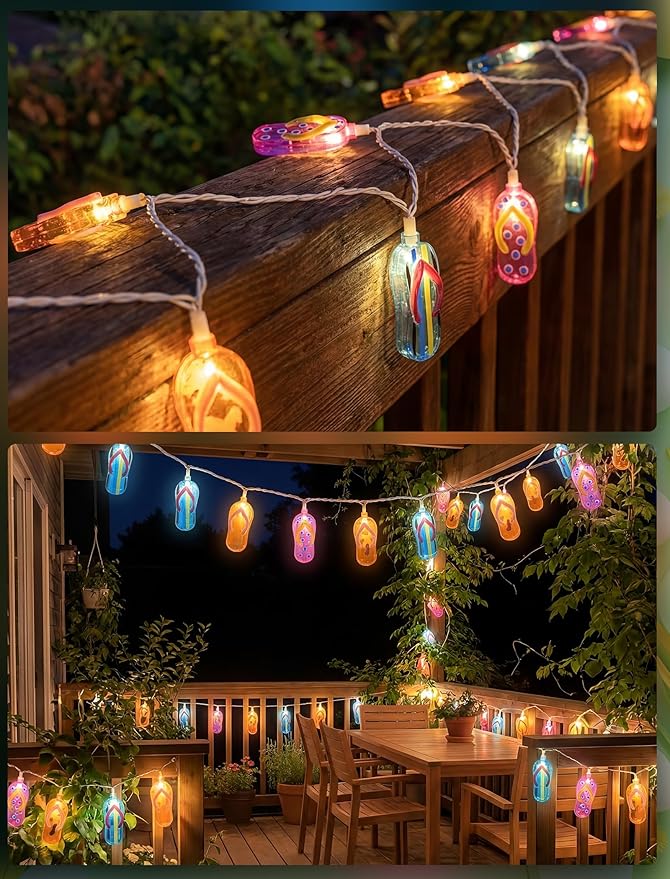 LED Tropical Beach Flip Flop String Lights, 8.5Ft Slipper String Lights Plug in with 10 Multicolor Bulbs, Summer Hawaiian Themed Decorative Lights Camping Tent Holiday Party Garden Outdoor Decor