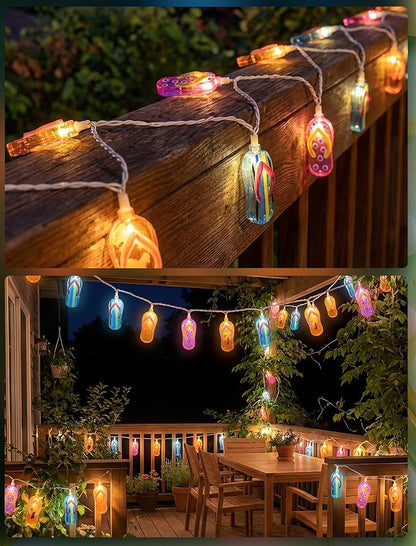 LED Tropical Beach Flip Flop String Lights, 8.5Ft Slipper String Lights Plug in with 10 Multicolor Bulbs, Summer Hawaiian Themed Decorative Lights Camping Tent Holiday Party Garden Outdoor Decor