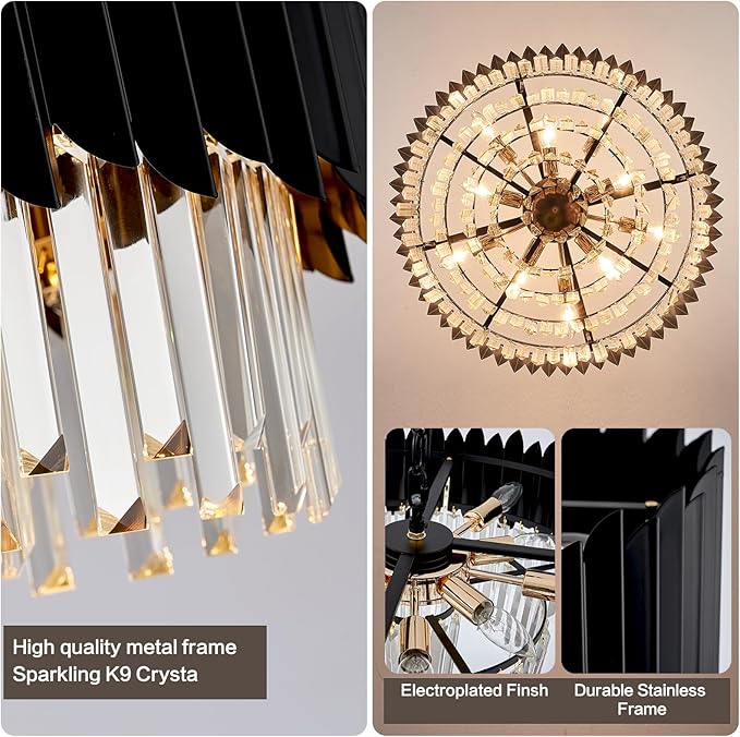 Modern 24" Black Crystal Chandelier Dimmable 8-Lights 3 Tiers Round Chandeliers K9 Crystal Ceiling Pendant Light Fixtures for Living Room Dining Room Bedroom Foyer Entryway