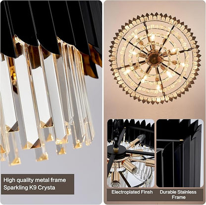 Modern 24" Black Crystal Chandelier Dimmable 8-Lights 3 Tiers Round Chandeliers K9 Crystal Ceiling Pendant Light Fixtures for Living Room Dining Room Bedroom Foyer Entryway