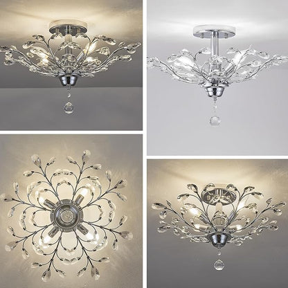 Ganeed Crystal Ceiling Light, K9 Crystal Chandeliers, Vintage Frozen Crystal Branch Close to Ceiling Lighting Fixtures with 4-Light for Living Room Dining Room Bedroom Restaurant Entryway (Chrome)