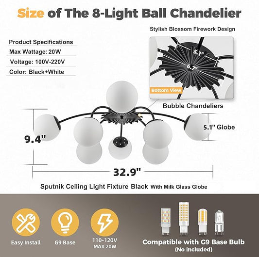 Longree 8-Light Black and White Sputnik Chandelier Flush Mount Ceiling Light with Blossom Accent, Mid Century Opal Glass Globe Bubble Chandeliers for Dining Hallway Living Entry Room