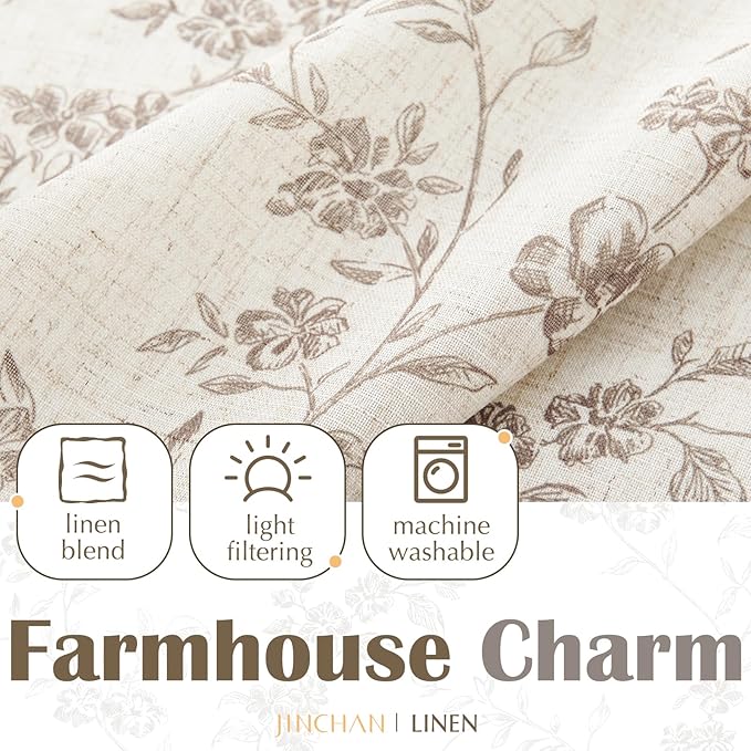 jinchan Floral Kitchen Curtains 24 Inch Linen Tier Curtains Farmhouse Cafe Half Window Drapes Over Sink Light Filtering Taupe on Beige for Living Room Laundry Tie Top 2 Panels
