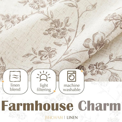 jinchan Floral Kitchen Curtains 24 Inch Linen Tier Curtains Farmhouse Cafe Half Window Drapes Over Sink Light Filtering Taupe on Beige for Living Room Laundry Tie Top 2 Panels