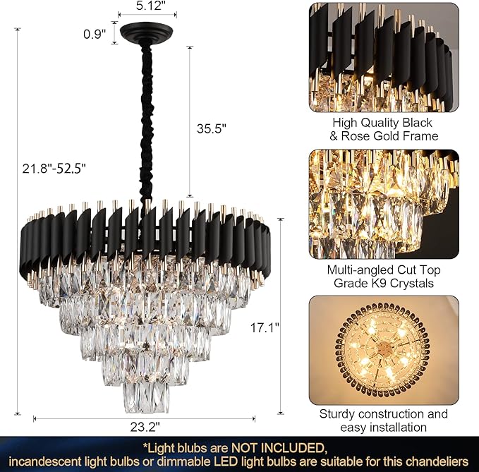 AXILIXI Crystal Chandelier Contemporary, 24" Modern Living Room Chandeliers, K9 Crystal Ceiling Lights Fixtures, Round 5 Tiers Pendant Lighting Chandelier Black for Entryway Dining Room Staircase