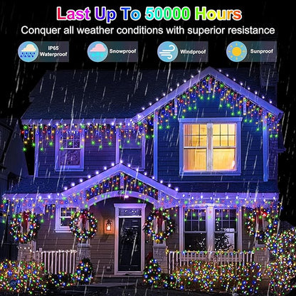 QUHUATU 792 LED Christmas Outdoor Lights with 176 Drops, 82ft Hanging Curtain Lights 8 Modes, Christmas Fairy Lighs with Timer & Memory for House Roof Holiday Wedding ChristmasDecor (Multicolor)