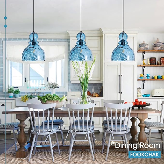 Coastal Pendant Light Blue Hammered Glass Kitchen Island Lights 12in Large Pendant Hanging Light for Dining Room Kitchen Sink Hallway Entrance, E26