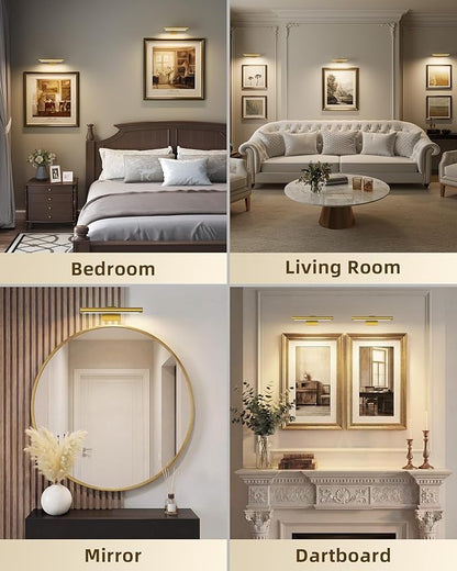 EZVALO Picture Light for Wall, Rechargeable 2400mAh Battery Lights Wireless with IR Remote, 3 Color & Dimmable Magnetic 7.87'' LED Lights Display for Painting, Living Room, Gallery, Bedroom(Gold-3P)