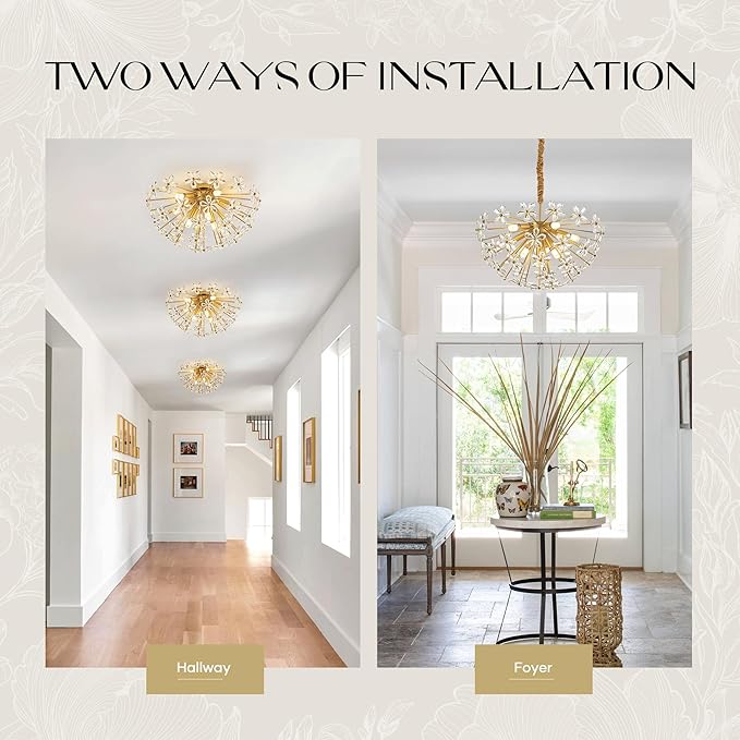 24" Modern Gold Crystal Sputnik Chandelier for Dining Living Room Glam Luxury Petal Semicircle Chandelier 8-Light for Foyer Hallway Elegant Pendant Ceiling Light Fixtures for Kitchen Bedroom