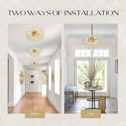 24" Modern Gold Crystal Sputnik Chandelier for Dining Living Room Glam Luxury Petal Semicircle Chandelier 8-Light for Foyer Hallway Elegant Pendant Ceiling Light Fixtures for Kitchen Bedroom
